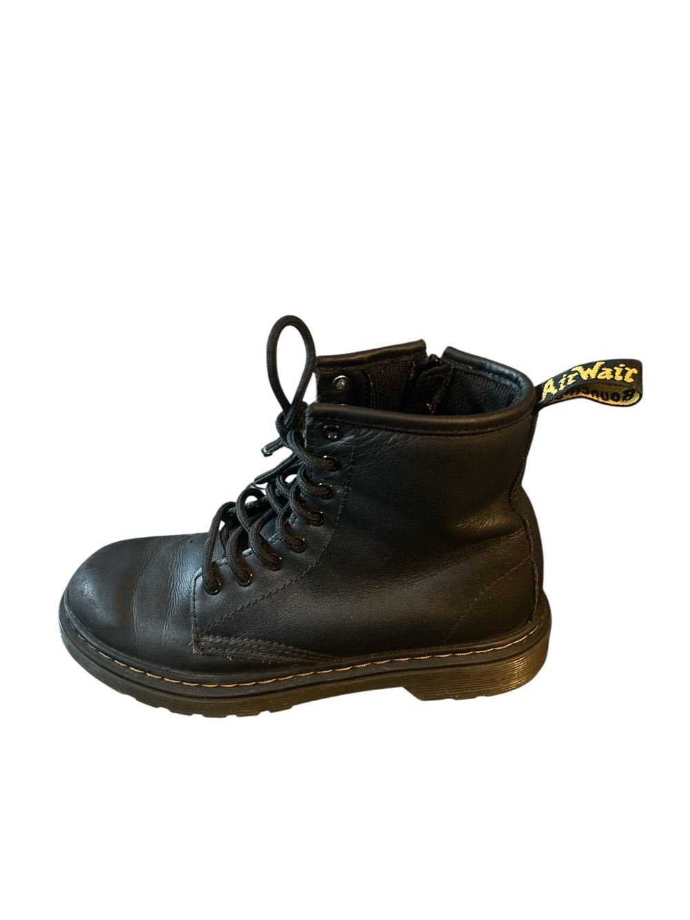 Dr. Martens Kids Black Leather Lace-Up Ankle Boot with Yellow Heel Loop